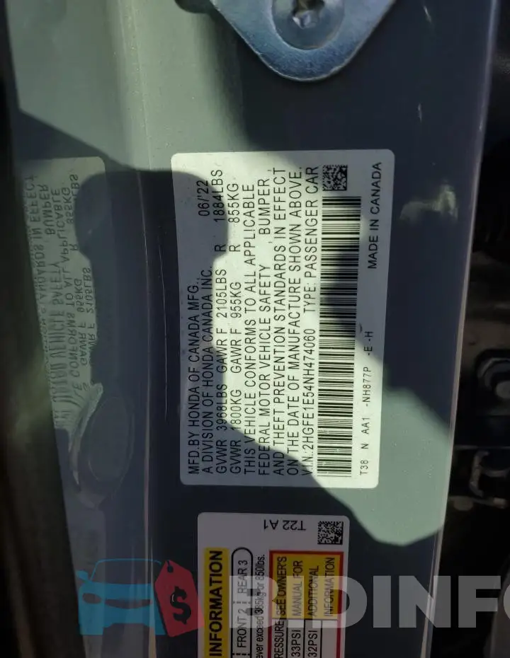 2HGFE1E54NH474060 Photo# 12