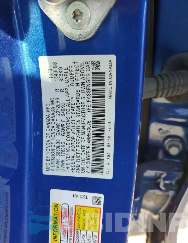 2HGFE2F54NH540076 Photo# 13