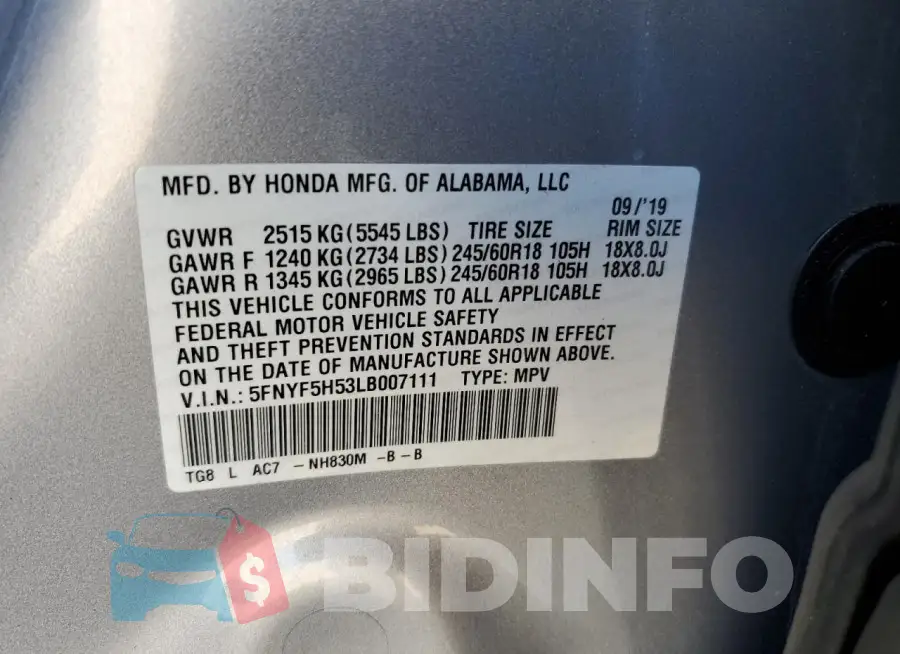 5FNYF5H53LB007111 Photo# 13