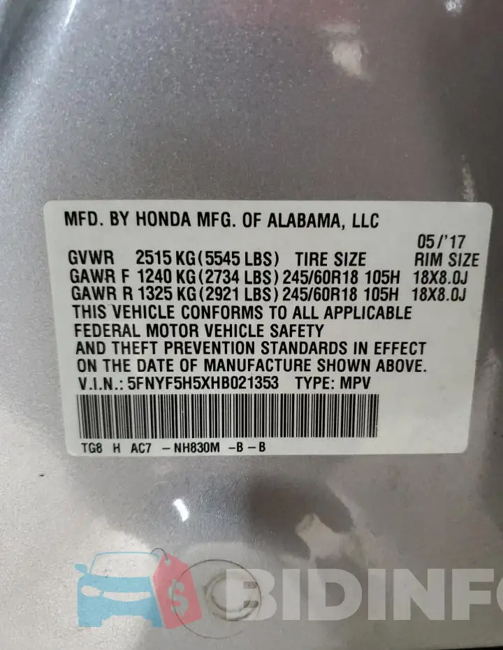 5FNYF5H5XHB021353 Photo# 13