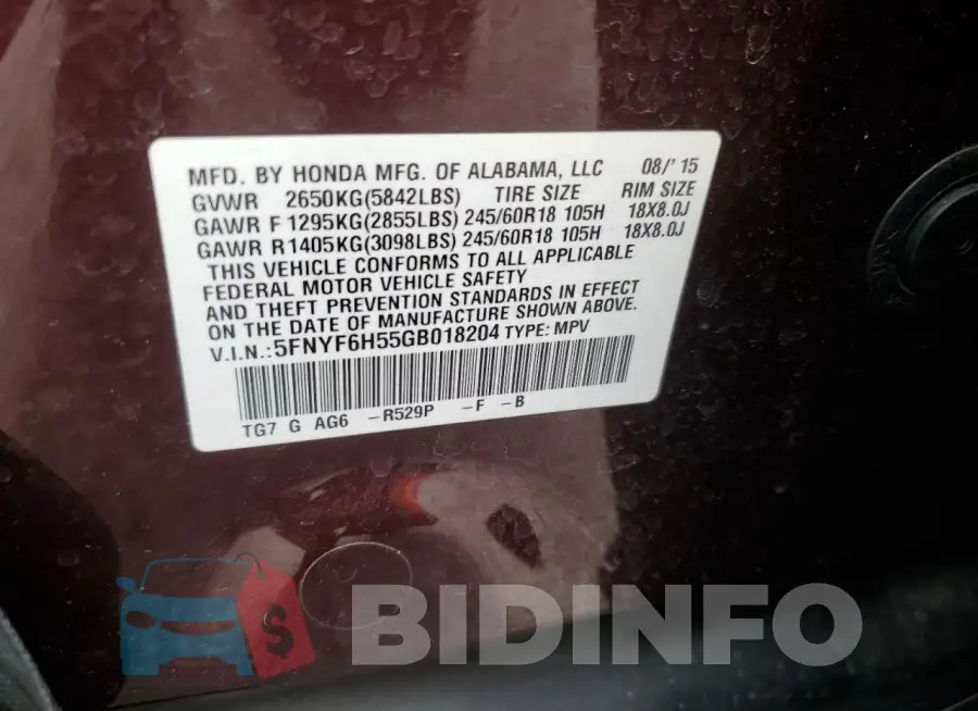 5FNYF6H55GB018204 Photo# 13