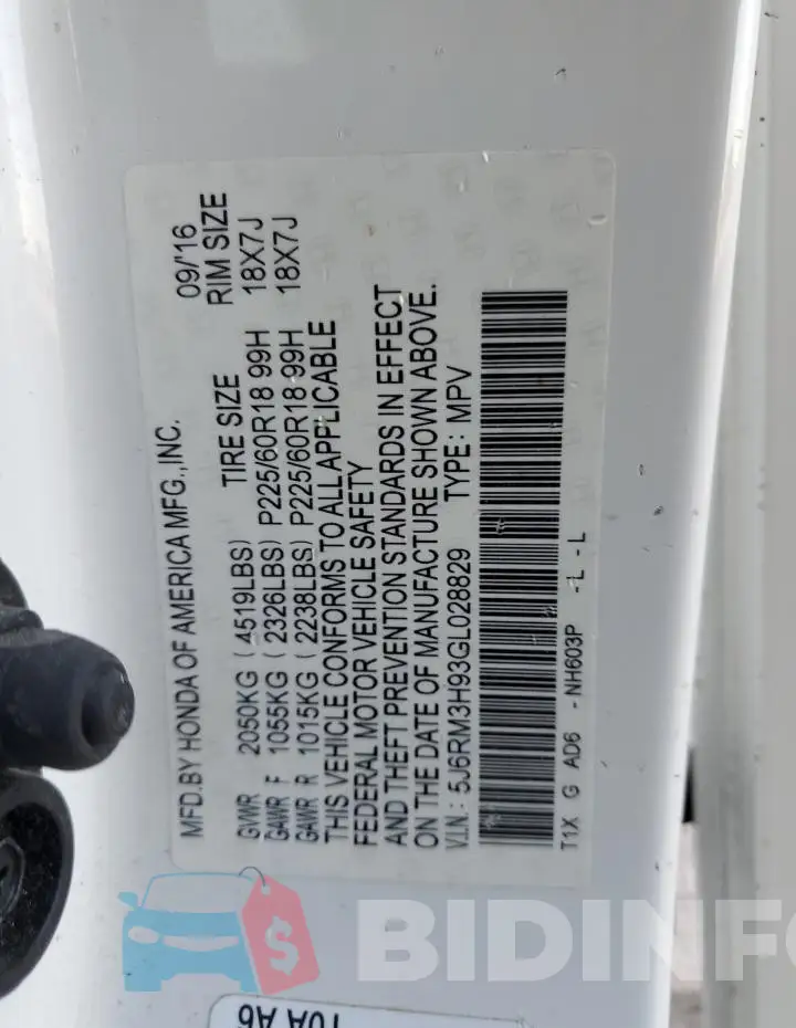5J6RM3H93GL028829 Photo# 13