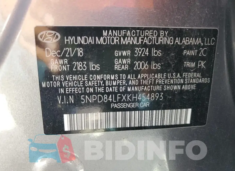 5NPD84LFXKH454893 Photo# 13