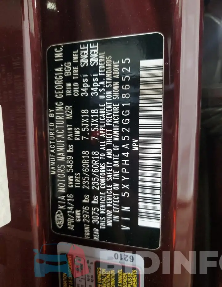 5XYPH4A52GG186525 Photo# 14