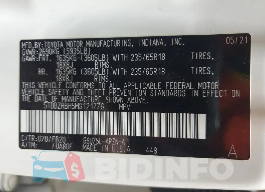 5TDBZRBH5MS121776 Photo# 13