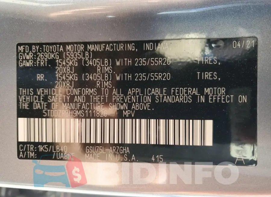 5TDDZRBH9MS111826 Photo# 14