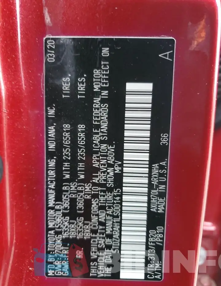 5TDZARAH1LS001415 Photo# 13