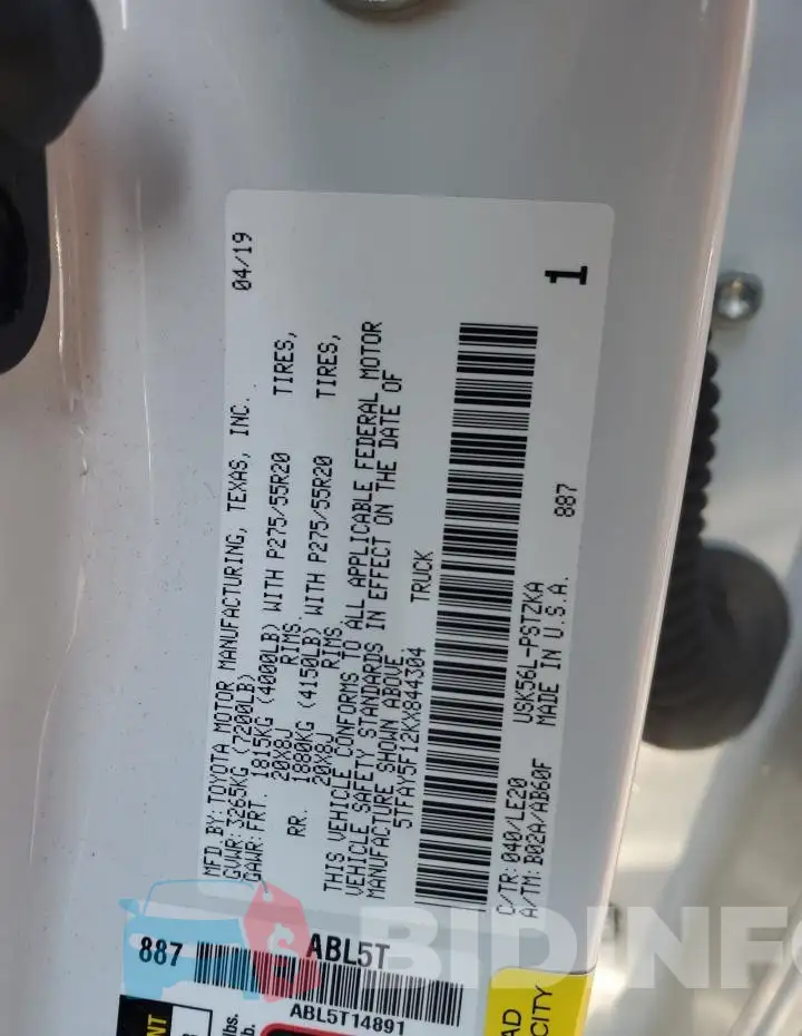 5TFAY5F12KX844304 Photo# 13