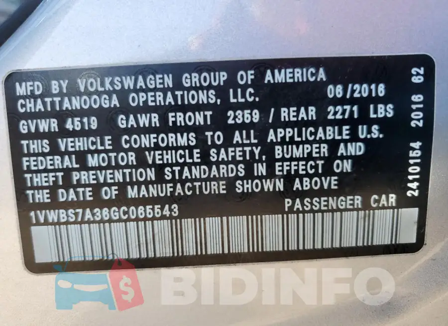 1VWBS7A36GC065543 Photo# 12
