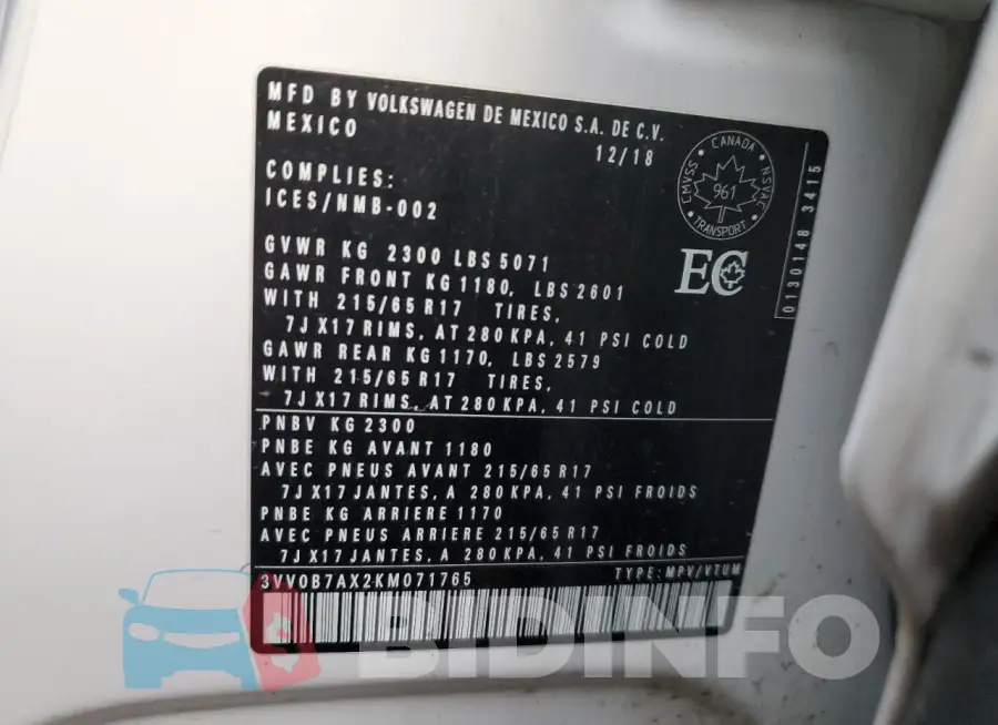 3VV0B7AX2KM071765 Photo# 13