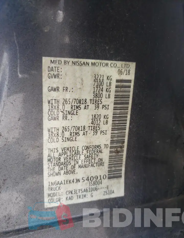 1N6AA1EK4JN540910 Photo# 12