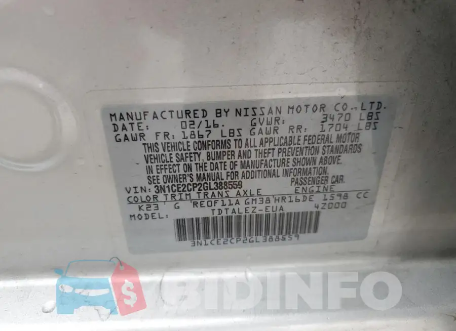 3N1CE2CP2GL388559 Photo# 12