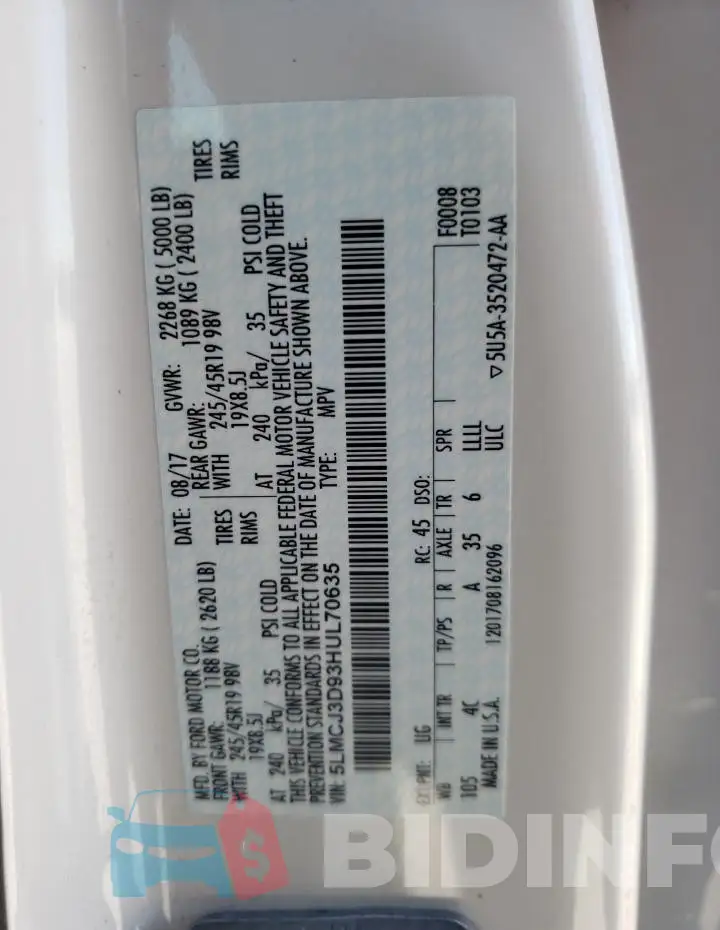 5LMCJ3D93HUL70635 Photo# 14