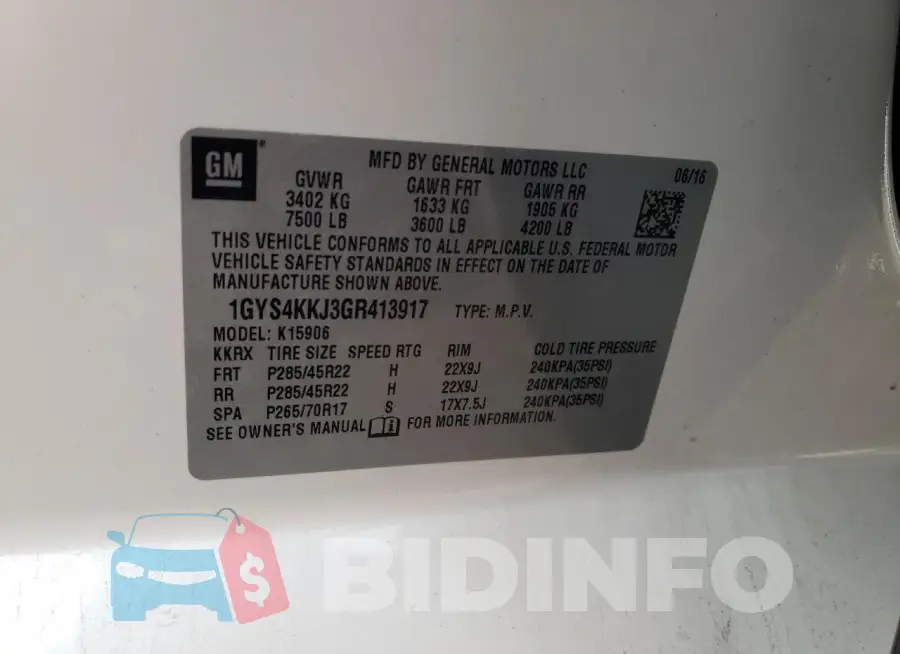 1GYS4KKJ3GR413917 Photo# 14
