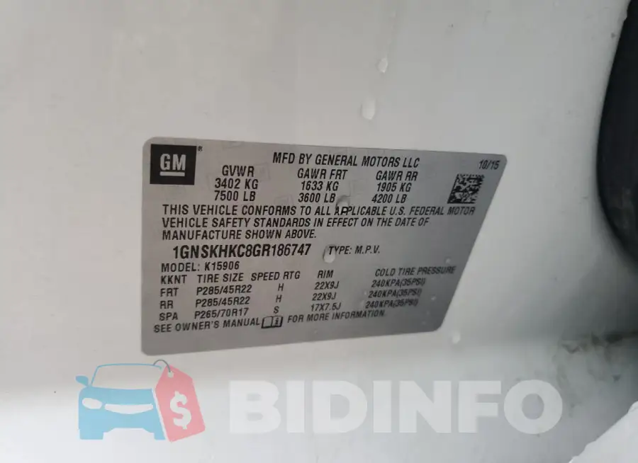 1GNSKHKC8GR186747 Photo# 13