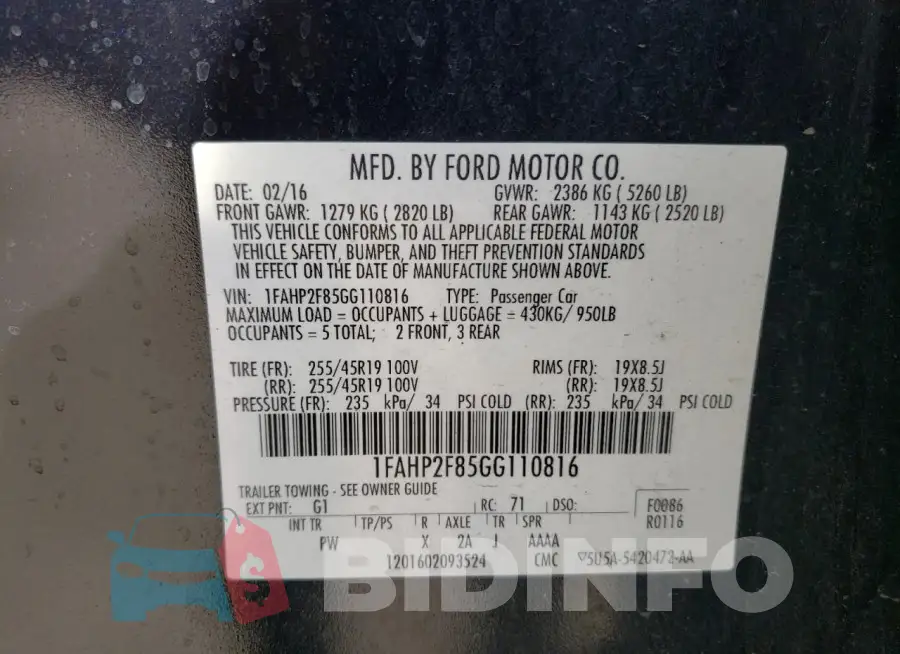 1FAHP2F85GG110816 Photo# 12