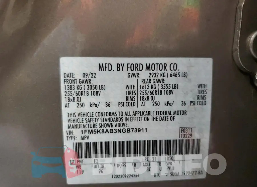 1FM5K8AB3NGB73911 Photo# 13
