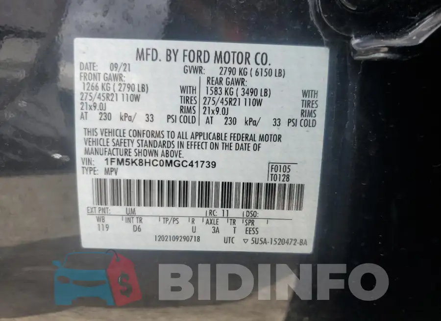 1FM5K8HC0MGC41739 Photo# 13