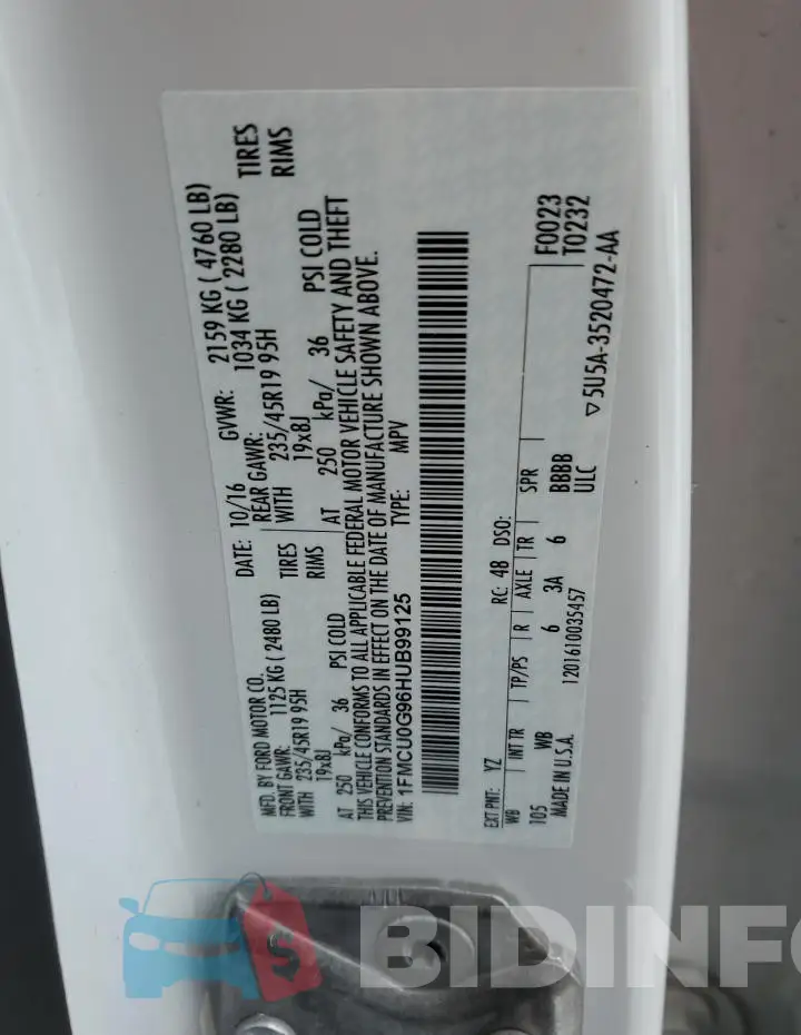 1FMCU0G96HUB99125 Photo# 12