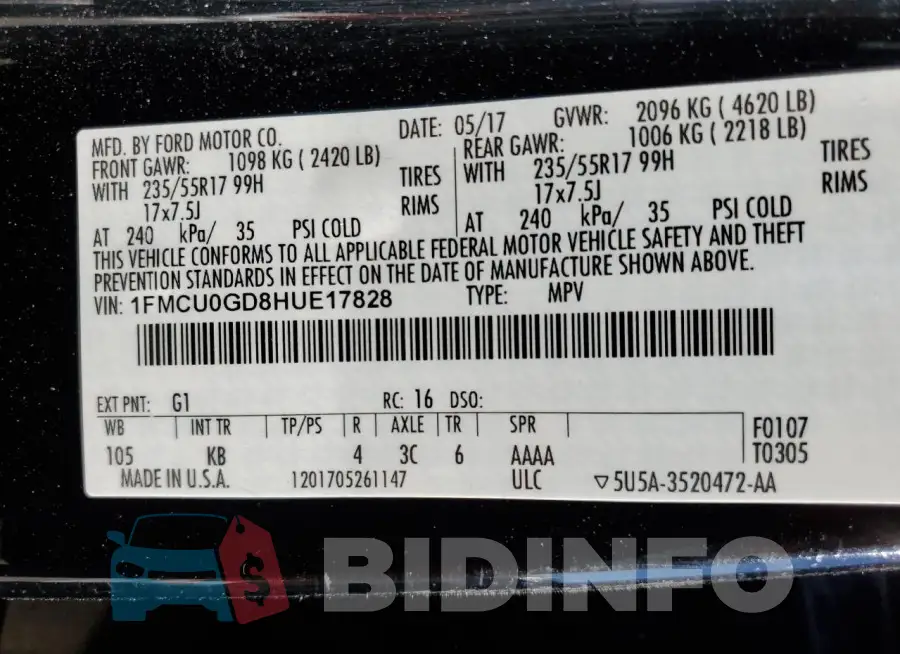 1FMCU0GD8HUE17828 Photo# 13