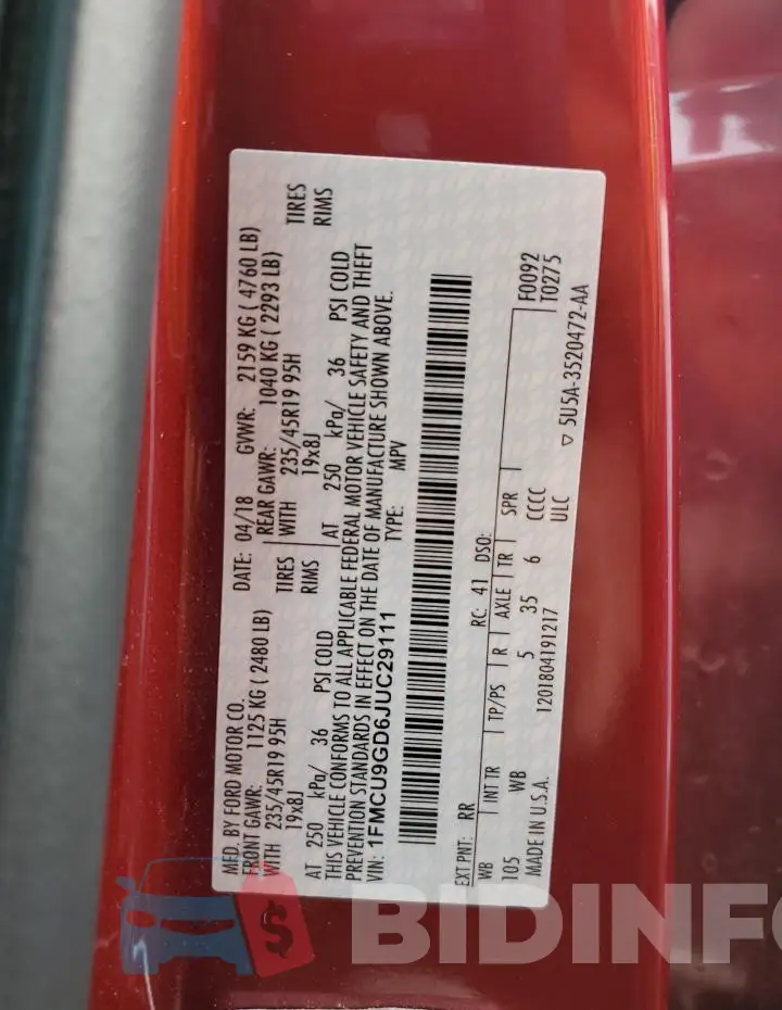 1FMCU9GD6JUC29111 Photo# 13