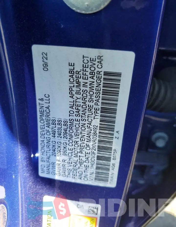1HGCV3F2XNA038492 Photo# 13