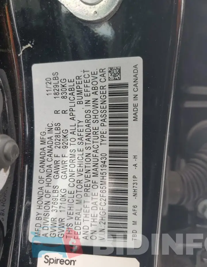 2HGFC2F65MH519430 Photo# 13