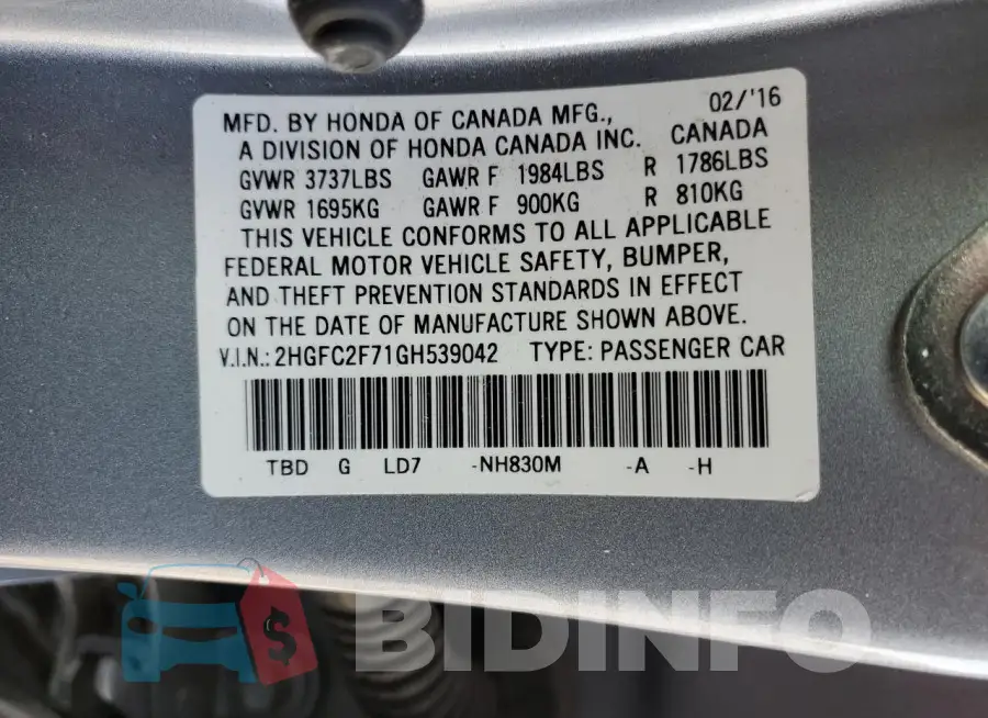 2HGFC2F71GH539042 Photo# 13