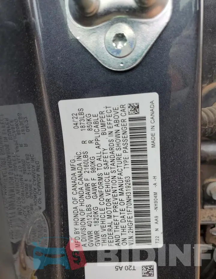 2HGFE1F70NH319263 Photo# 13