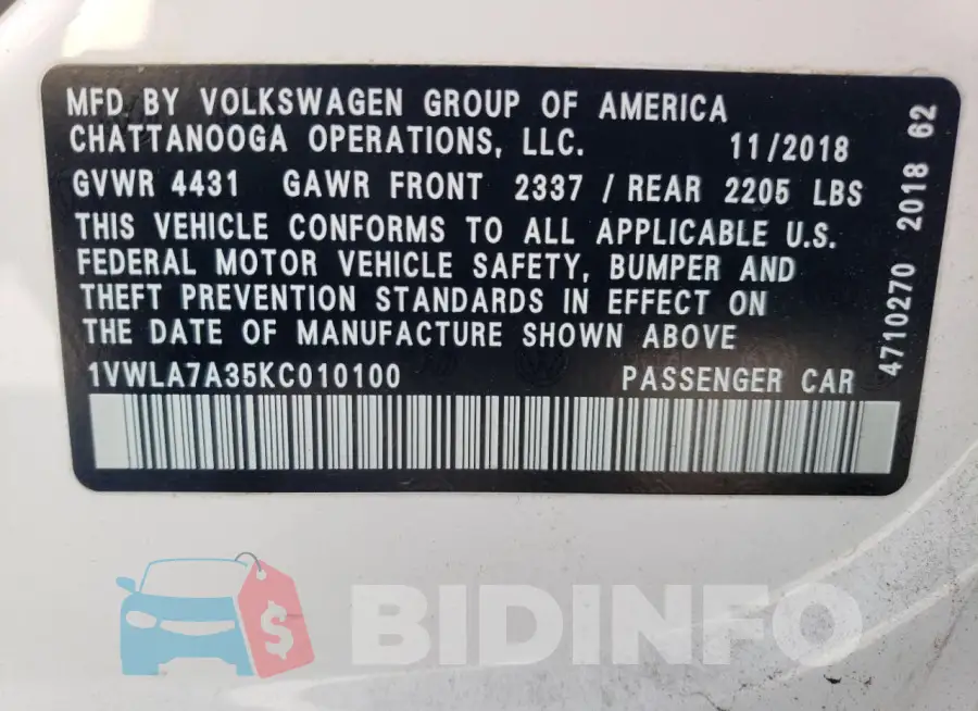 1VWLA7A35KC010100 Photo# 12