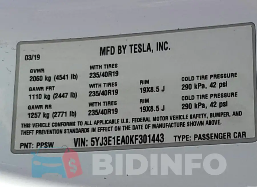 5YJ3E1EA0KF301443 Photo# 12