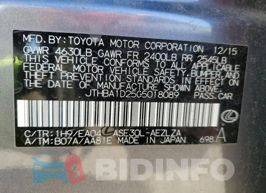 JTHBA1D25G5018089 Photo# 12