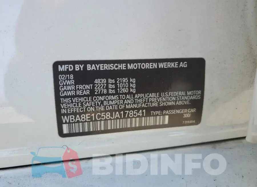 WBA8E1C58JA178541 Photo# 12