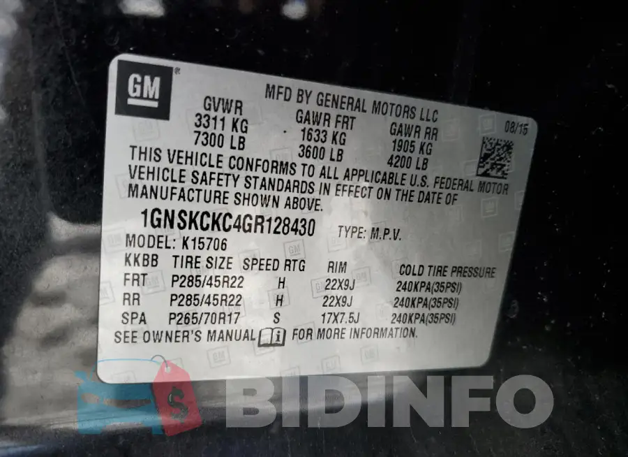 1GNSKCKC4GR128430 Photo# 13
