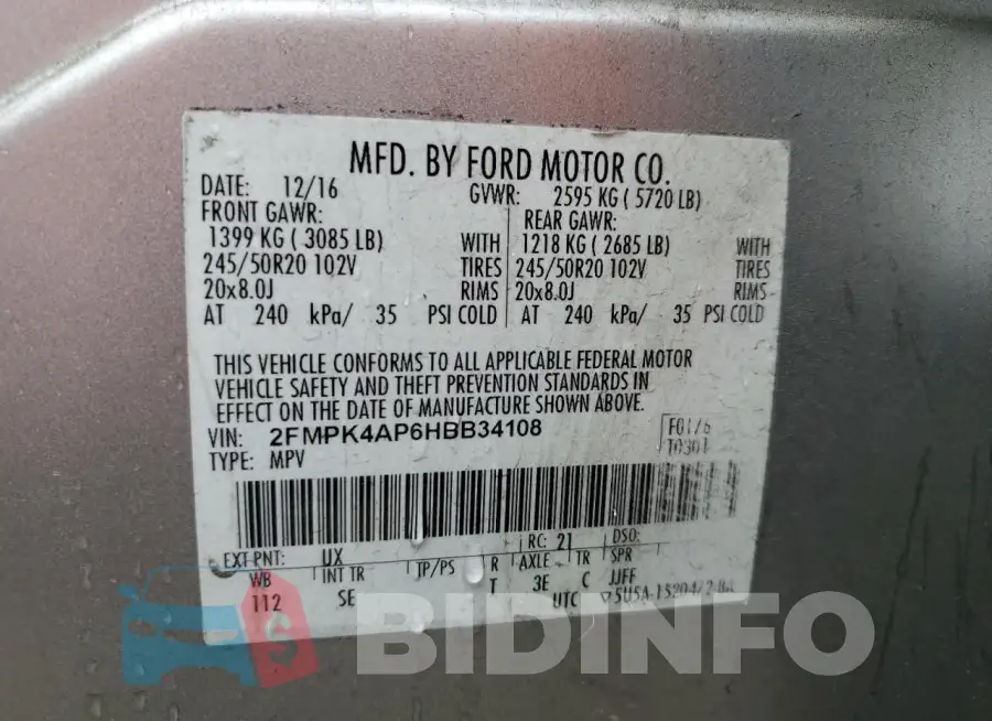 2FMPK4AP6HBB34108 Photo# 13