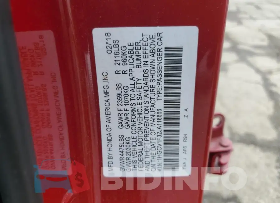 1HGCV1F32JA118666 Photo# 12