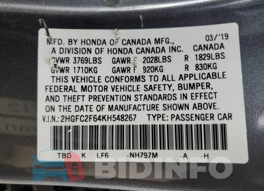 2HGFC2F64KH548267 Photo# 13