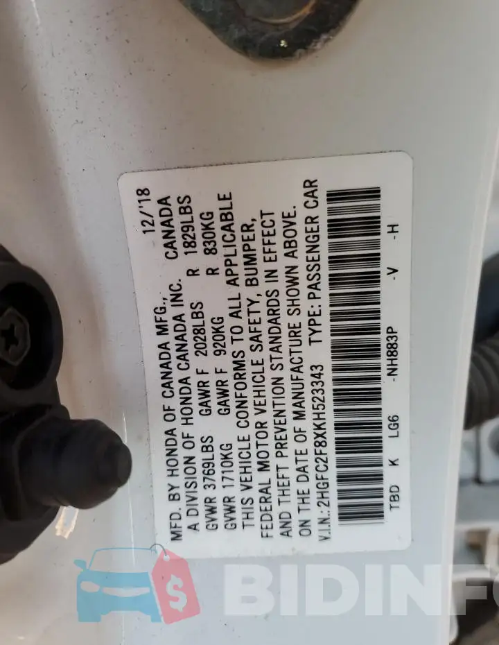 2HGFC2F8XKH523343 Photo# 12