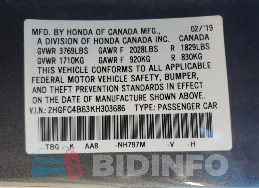2HGFC4B63KH303686 Photo# 12