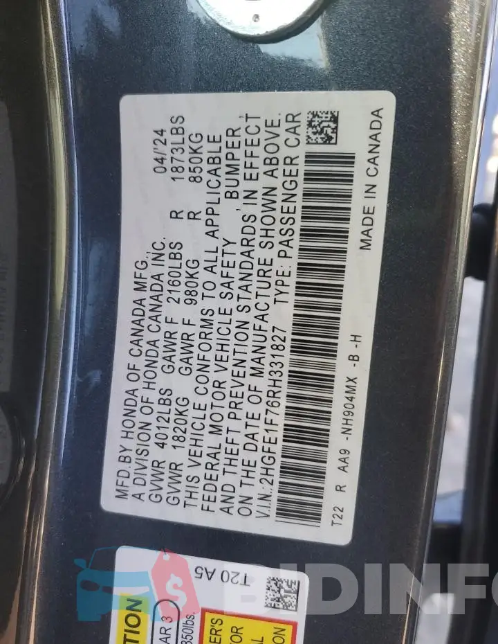 2HGFE1F76RH331827 Photo# 13