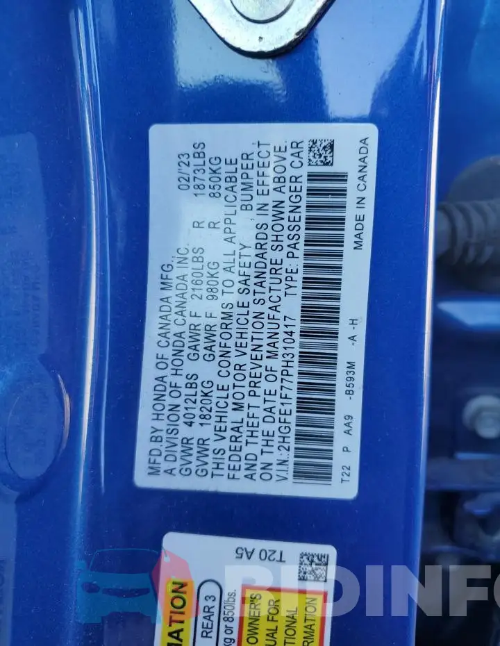 2HGFE1F77PH310417 Photo# 13