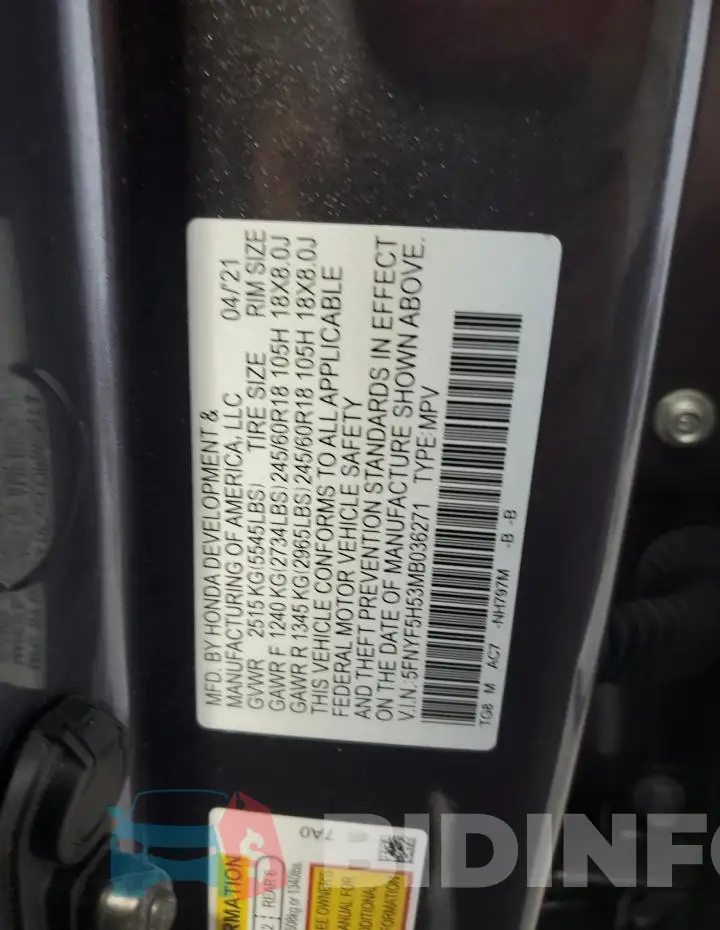 5FNYF5H53MB036271 Photo# 13