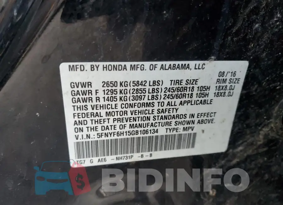 5FNYF6H15GB106134 Photo# 13