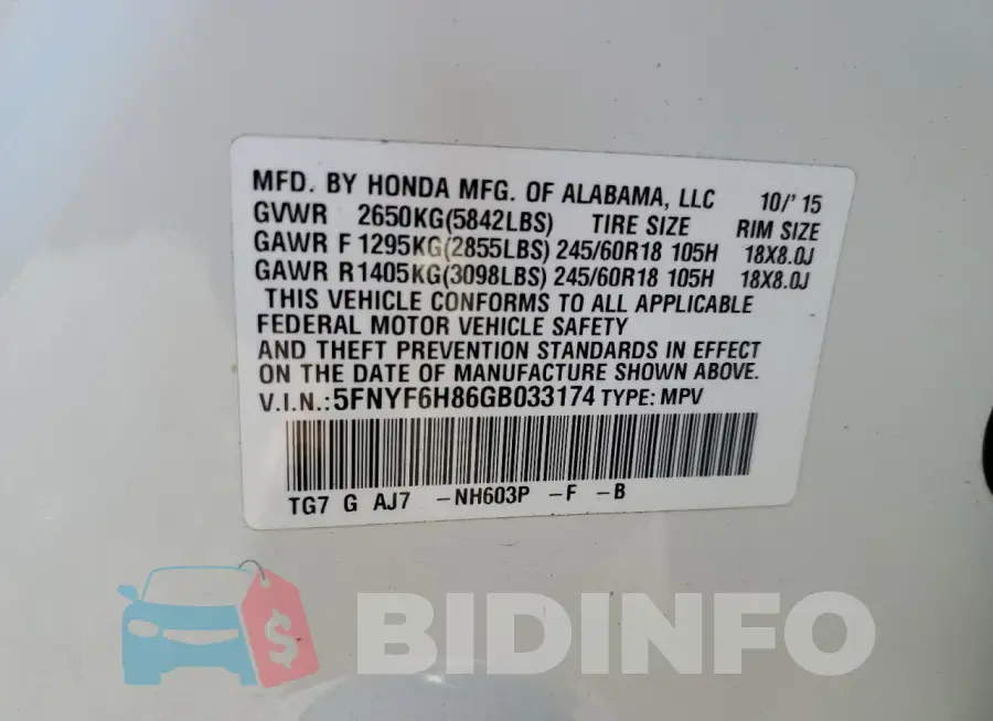 5FNYF6H86GB033174 Photo# 13