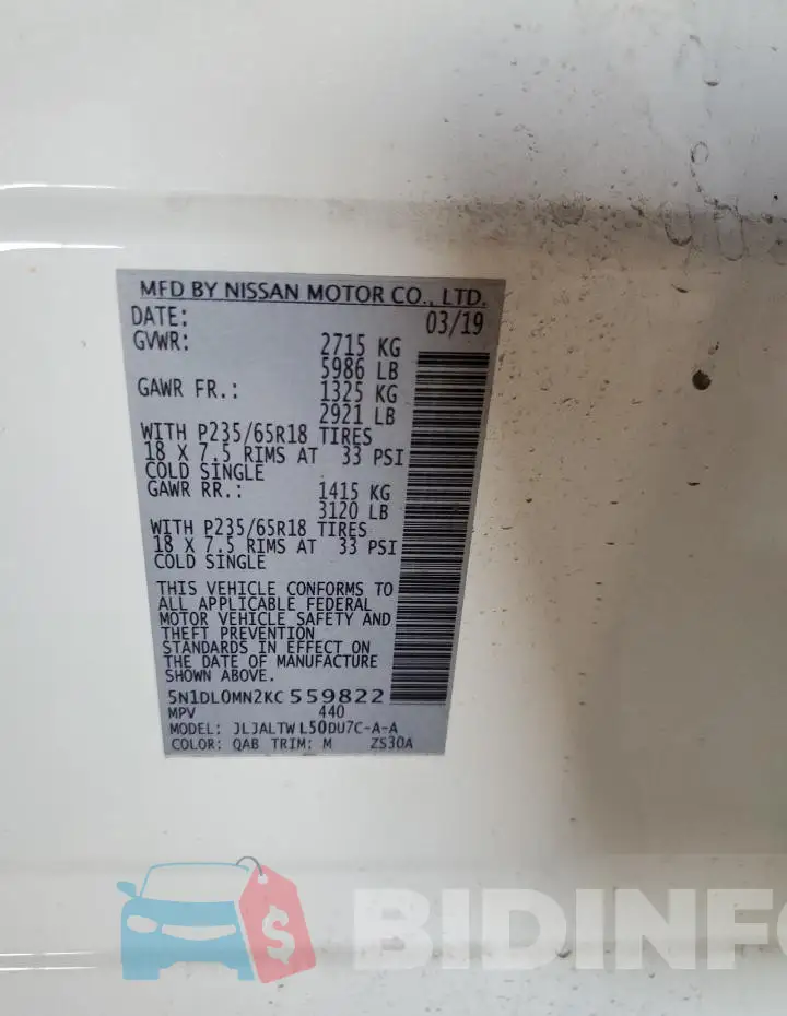 5N1DL0MN2KC559822 Photo# 13