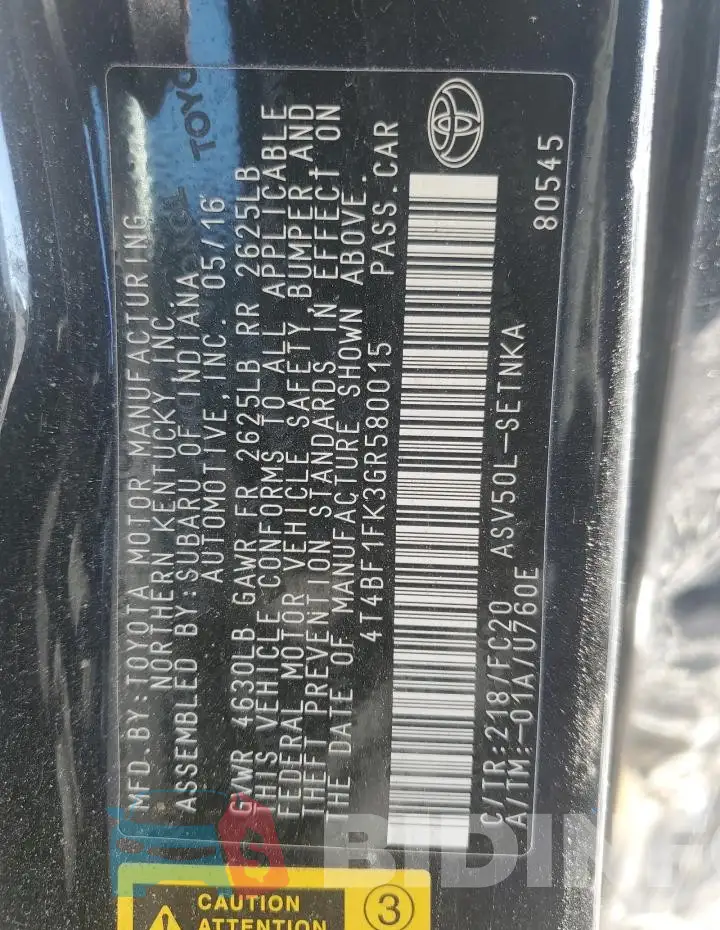 4T4BF1FK3GR580015 Photo# 12