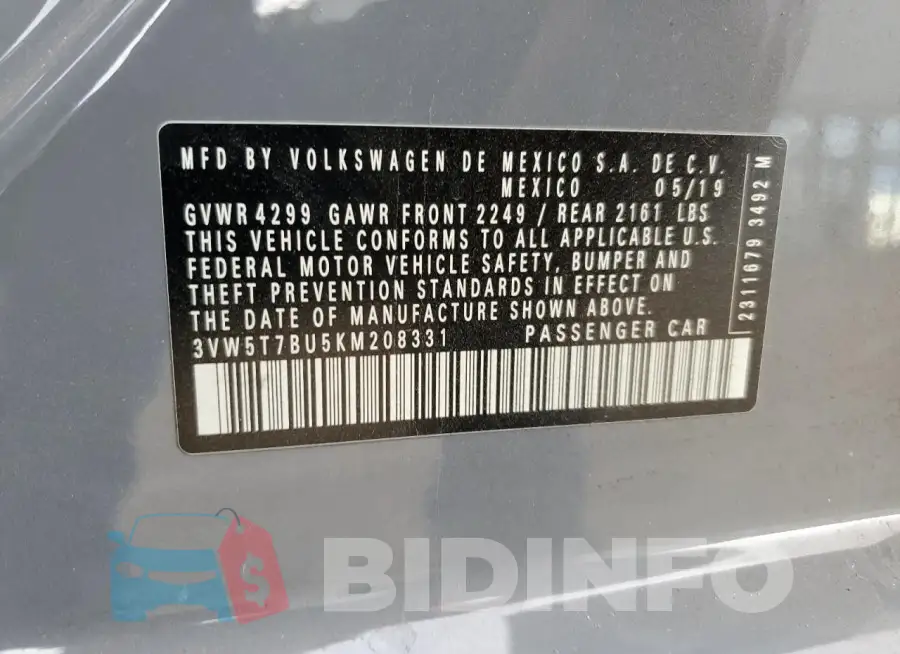 3VW5T7BU5KM208331 Photo# 13