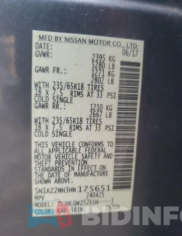5N1AZ2MH3HN175651 Photo# 14