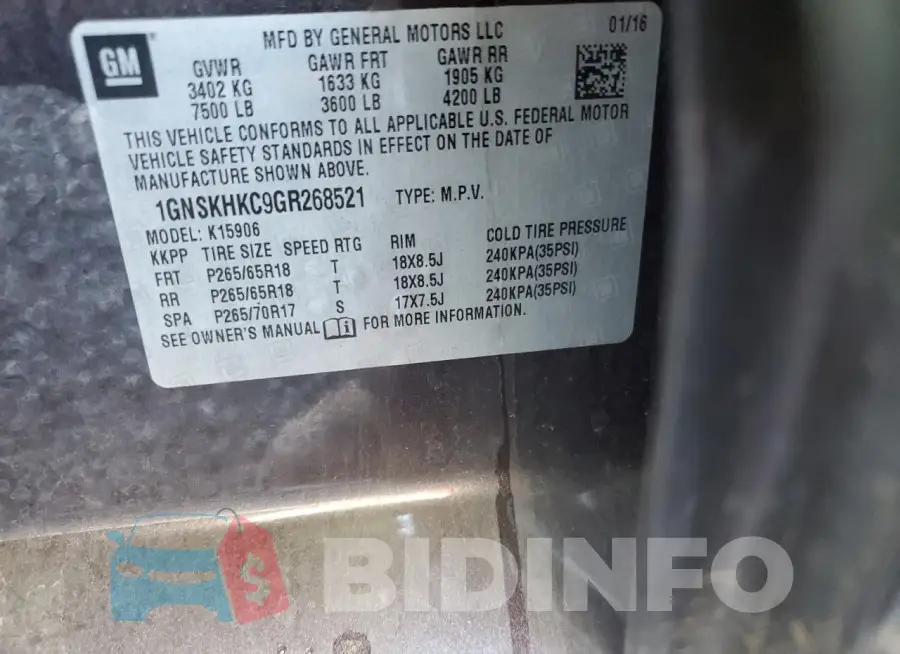 1GNSKHKC9GR268521 Photo# 14