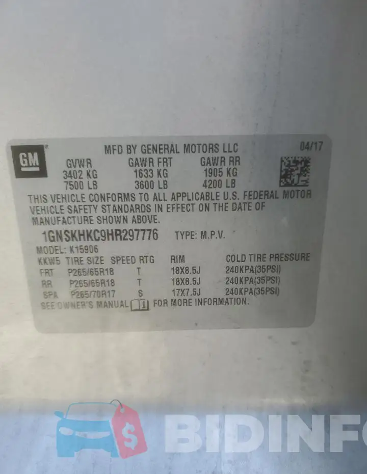 1GNSKHKC9HR297776 Photo# 13